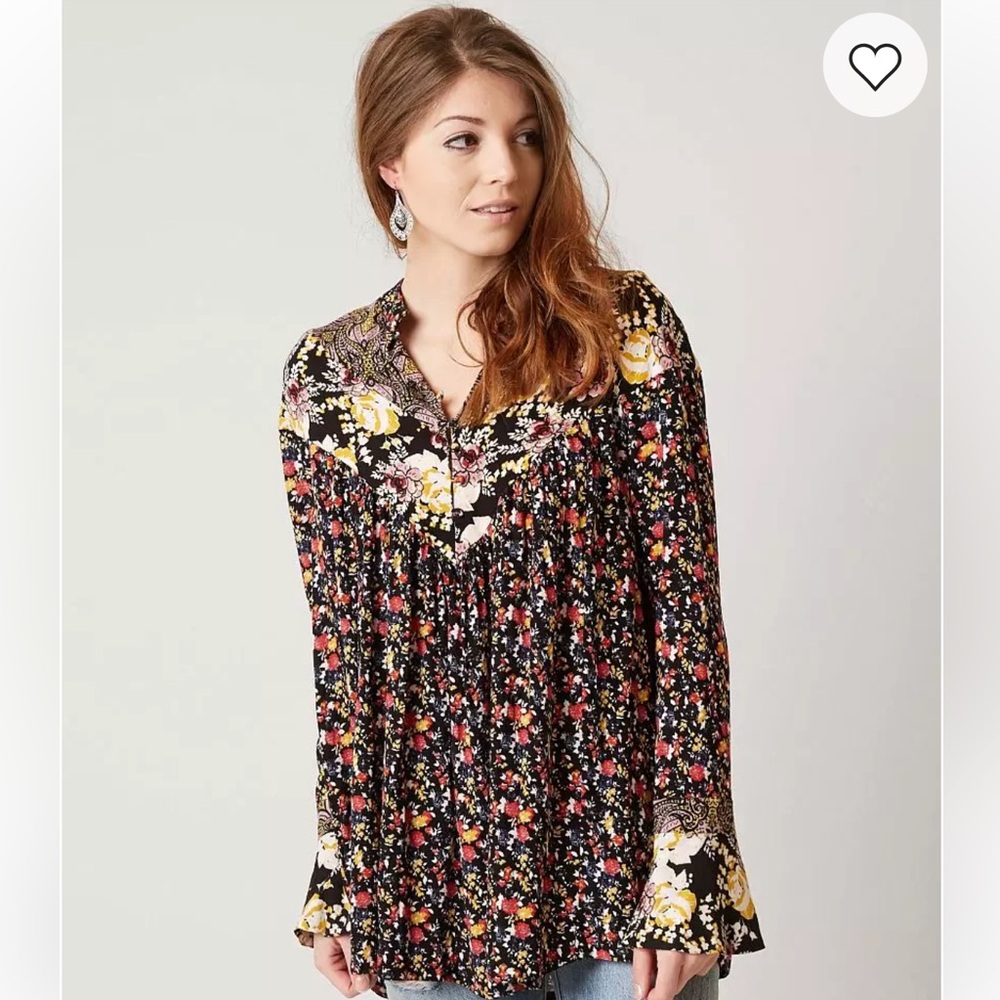 Free People Black Wildflower Fields Patterned High Low Hem Henley Top